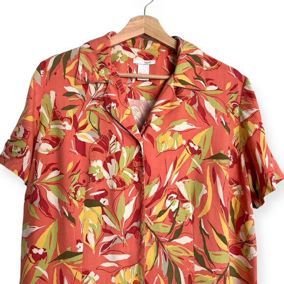 LizGolf 100% Silk Peach Hawaiian Print Structured Button Down Blouse Women's L - Picture 3 of 10